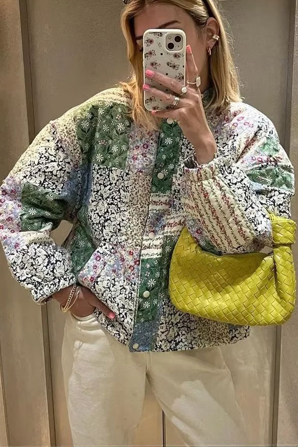 Stójką długa rękaw Floral wzór bawełna kurtka
