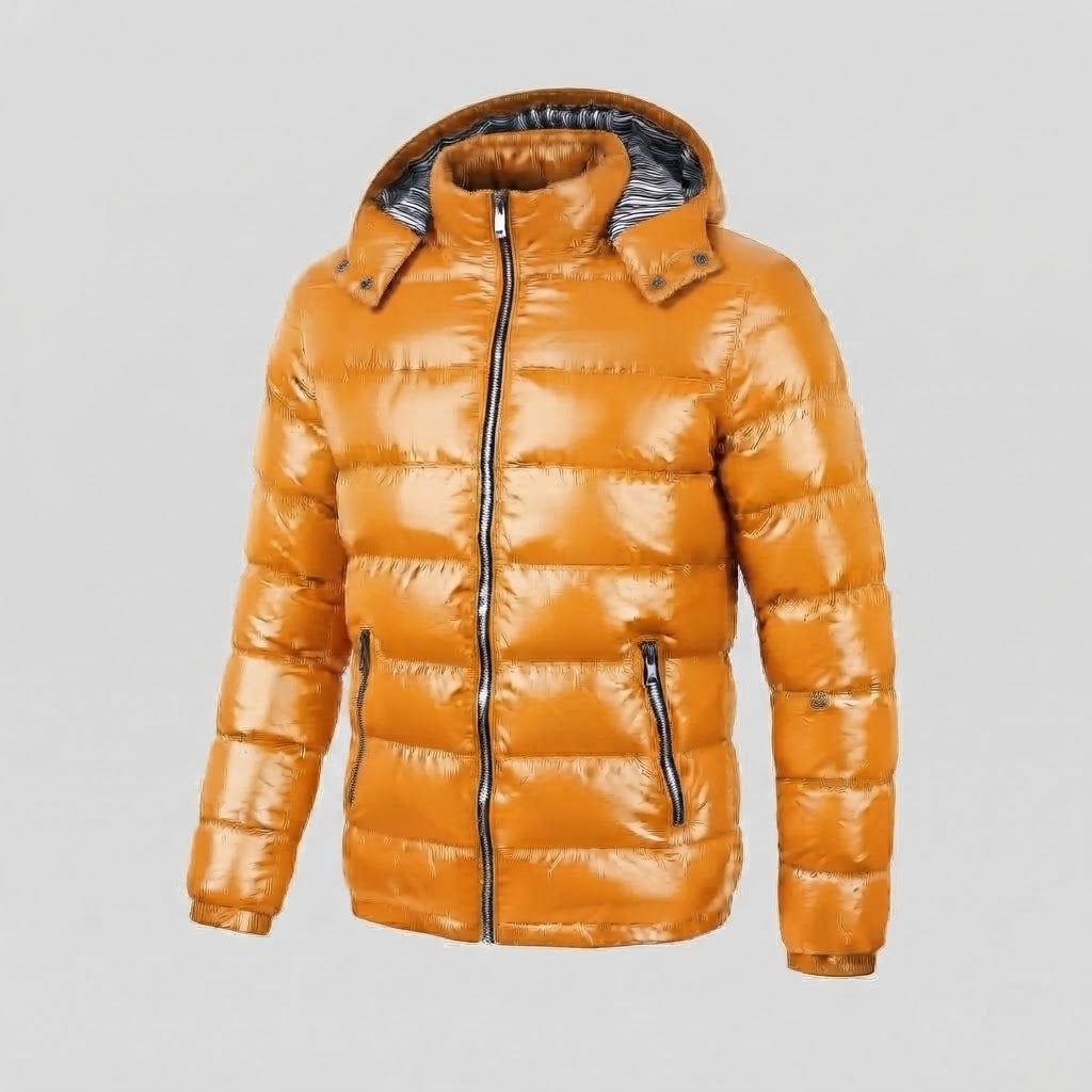 Męski Glossy Pikowany Kurtka z Kaptur, Striped Podszewka &amp; Kontrastowy Zippers