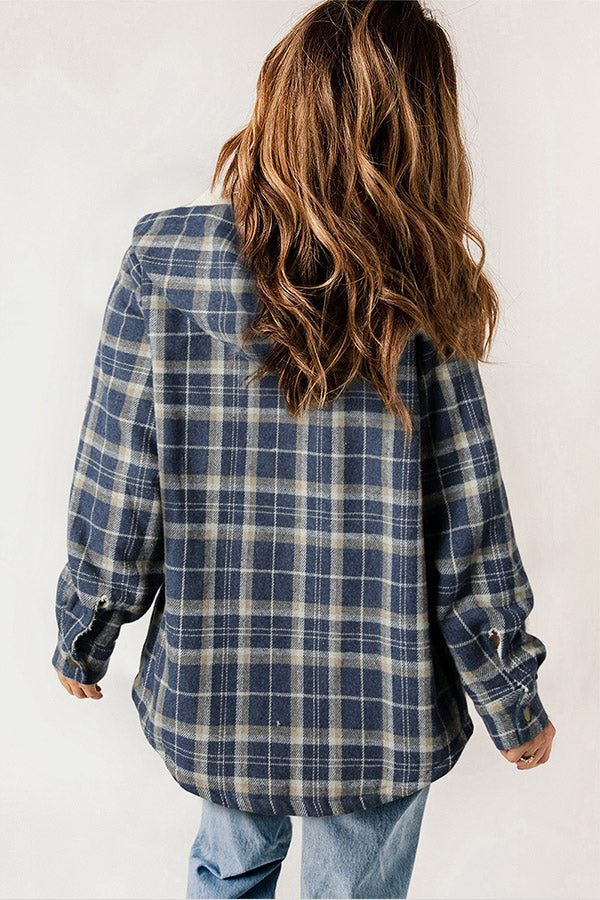 Guzik Sherpa Lined Z kapturem Flannel Kurtka