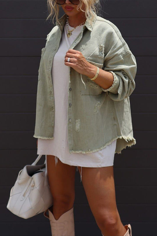 Revers długa rękaw Ripped denim kurtka