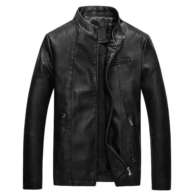 Męska Slim-Fit imitacja skóra Biker kurtka z stójką i zamkiem