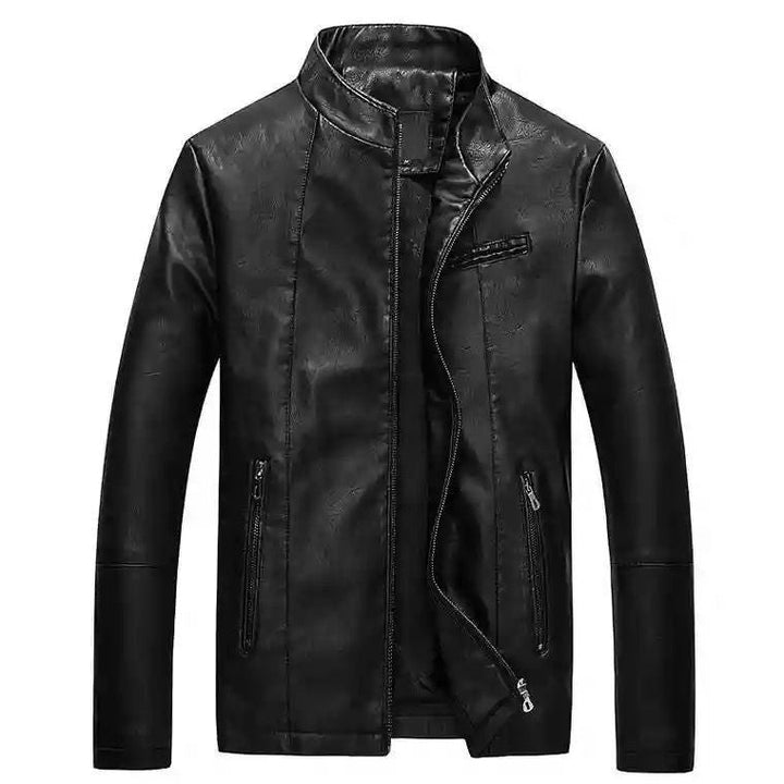Męska Slim-Fit imitacja skóra Biker kurtka z stójką i zamkiem