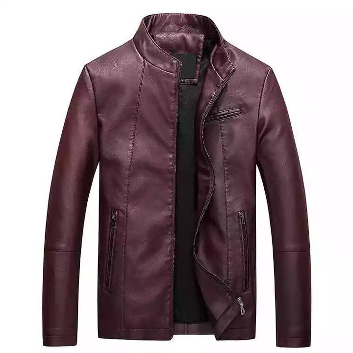 Męska Slim-Fit imitacja skóra Biker kurtka z stójką i zamkiem