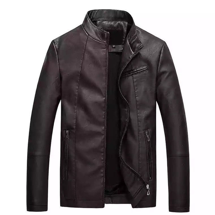 Męska Slim-Fit imitacja skóra Biker kurtka z stójką i zamkiem