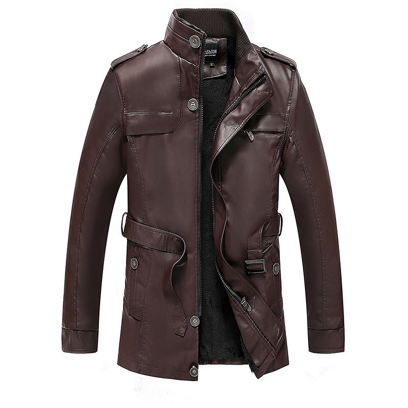 Męska skóra kurtka z teddy lwwg, waist belt, i stójką