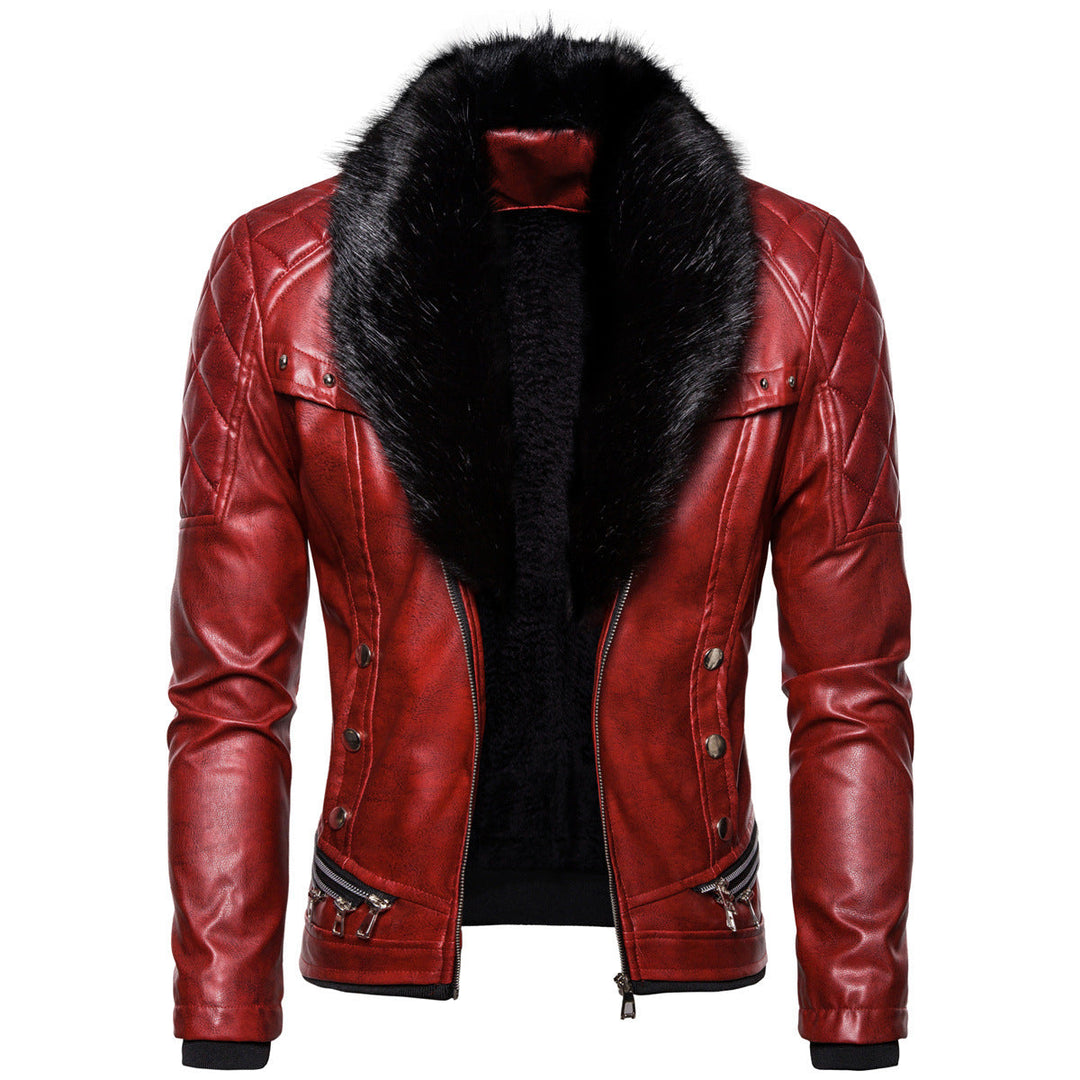 Męska biker skóra kurtka w vwtage wygląd z pikowana shoulder i wide imitacja fur kołnierzem