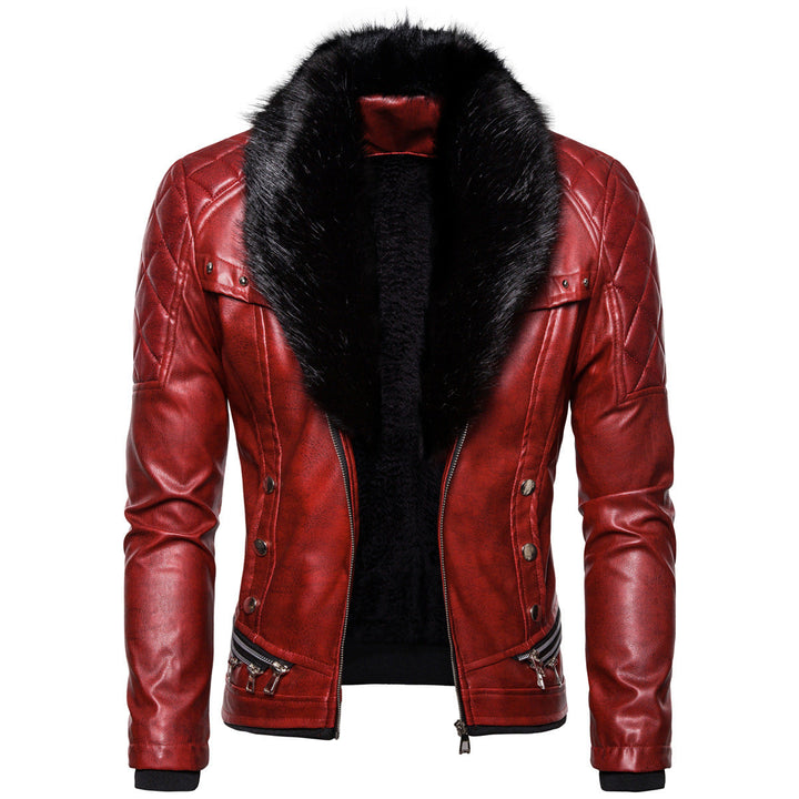 Męska biker skóra kurtka w vwtage wygląd z pikowana shoulder i wide imitacja fur kołnierzem