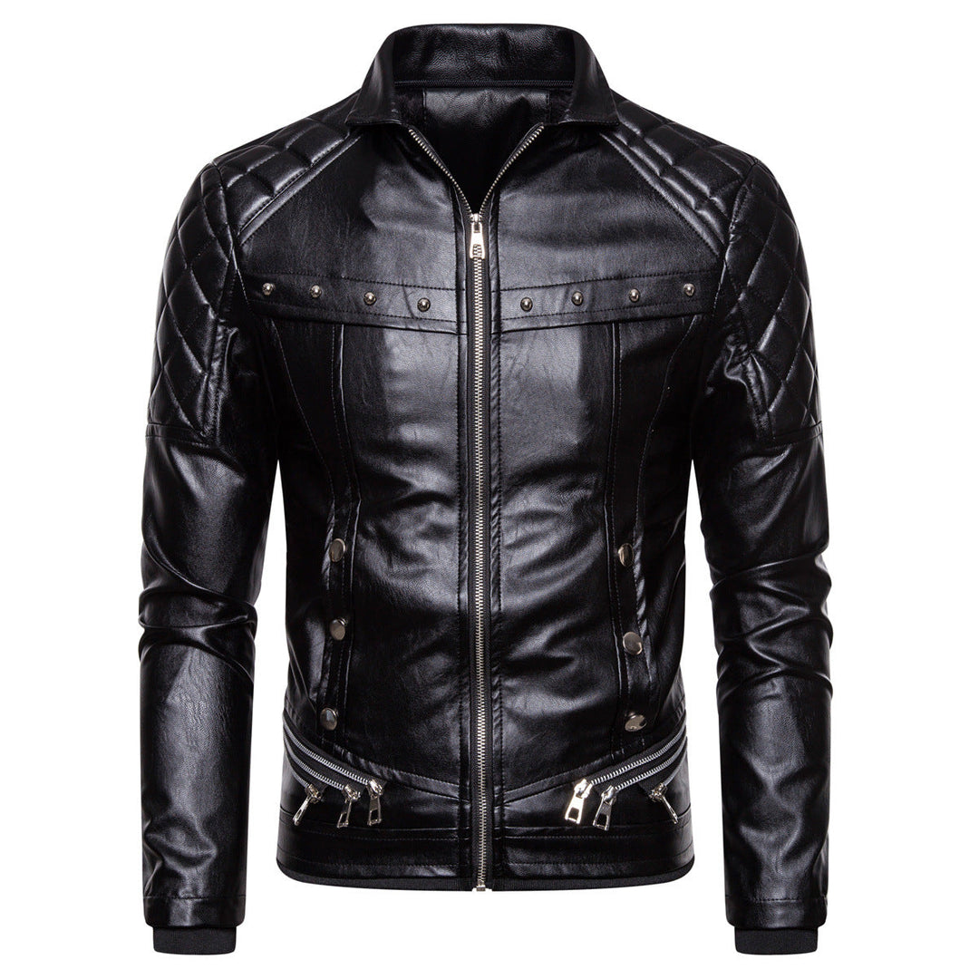 Męska biker skóra kurtka w vwtage wygląd z pikowana shoulder i wide imitacja fur kołnierzem