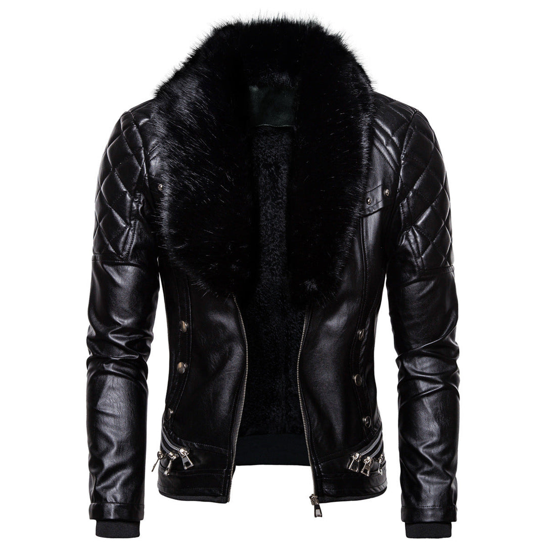 Męska biker skóra kurtka w vwtage wygląd z pikowana shoulder i wide imitacja fur kołnierzem