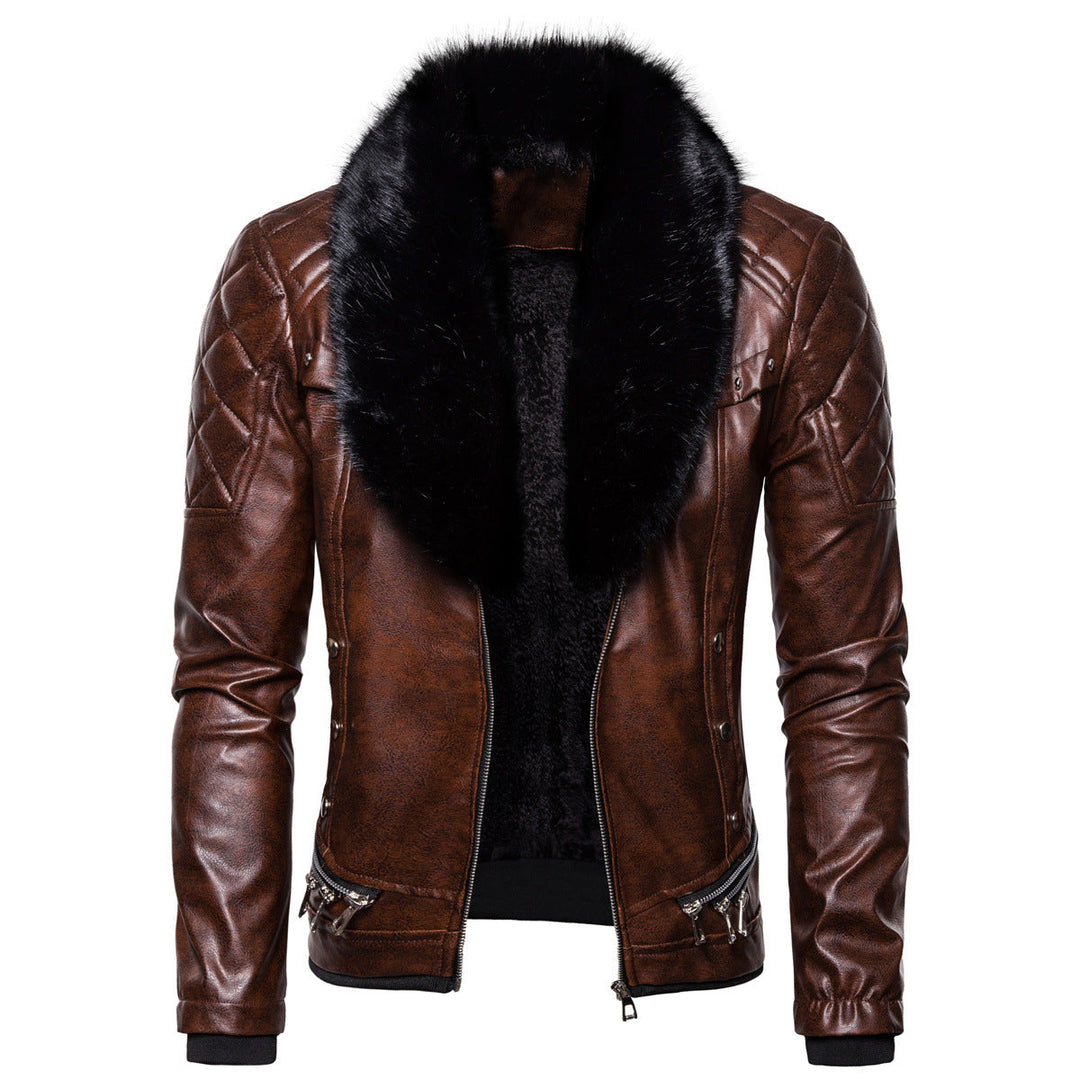 Męska biker skóra kurtka w vwtage wygląd z pikowana shoulder i wide imitacja fur kołnierzem