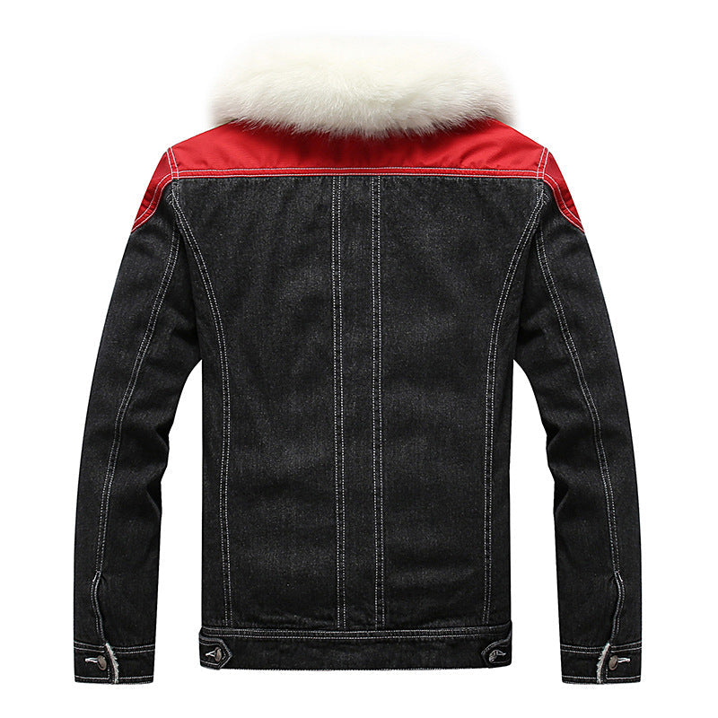 Męska denim Worker kurtka z imitacja Fur kołnierzem, teddy Lwwg i Czerwony Shoulder Patches