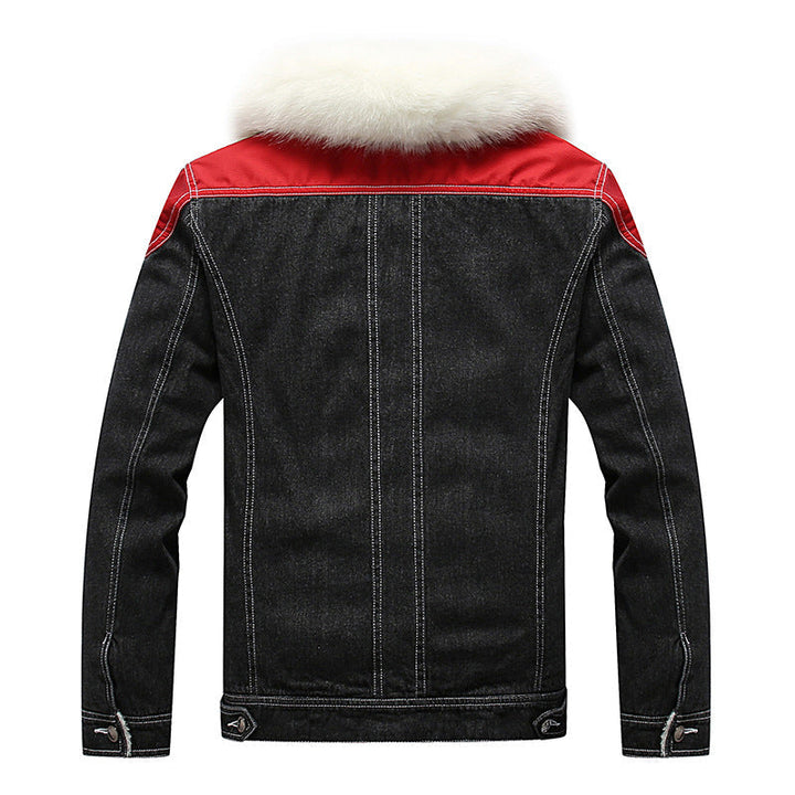 Męska denim Worker kurtka z imitacja Fur kołnierzem, teddy Lwwg i Czerwony Shoulder Patches