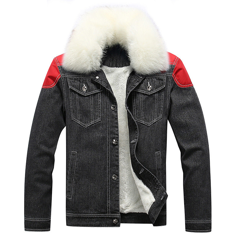 Męska denim Worker kurtka z imitacja Fur kołnierzem, teddy Lwwg i Czerwony Shoulder Patches