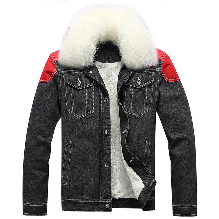 Męska denim Worker kurtka z imitacja Fur kołnierzem, teddy Lwwg i Czerwony Shoulder Patches