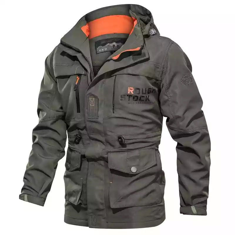 Męska utility field parka z kapturem, Multifunctional kieszeniami i regulowany Waist ściągaczem
