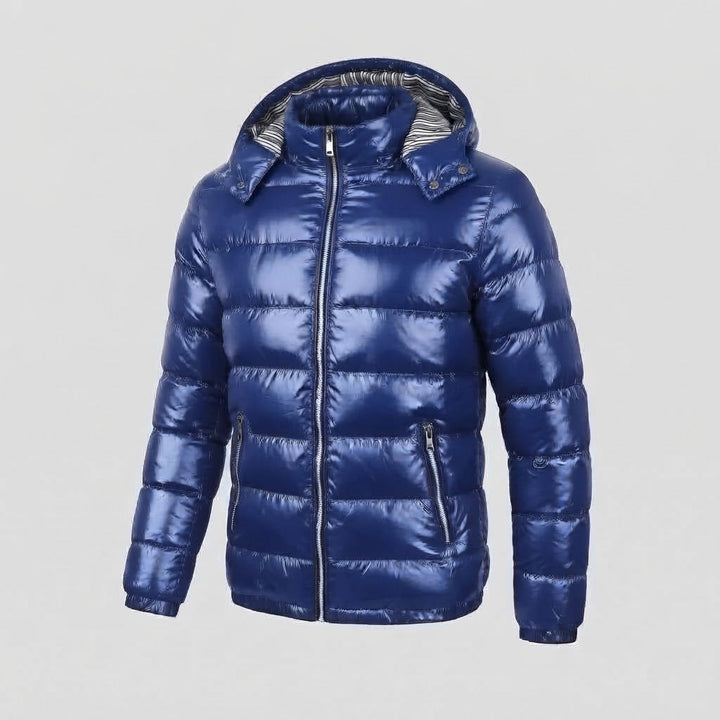 Męski Glossy Pikowany Kurtka z Kaptur, Striped Podszewka &amp; Kontrastowy Zippers