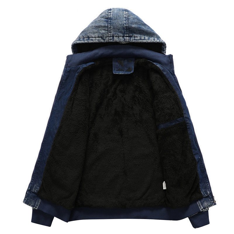 Męska utility denim kurtka z kapturem i termiczny teddy Lwwg