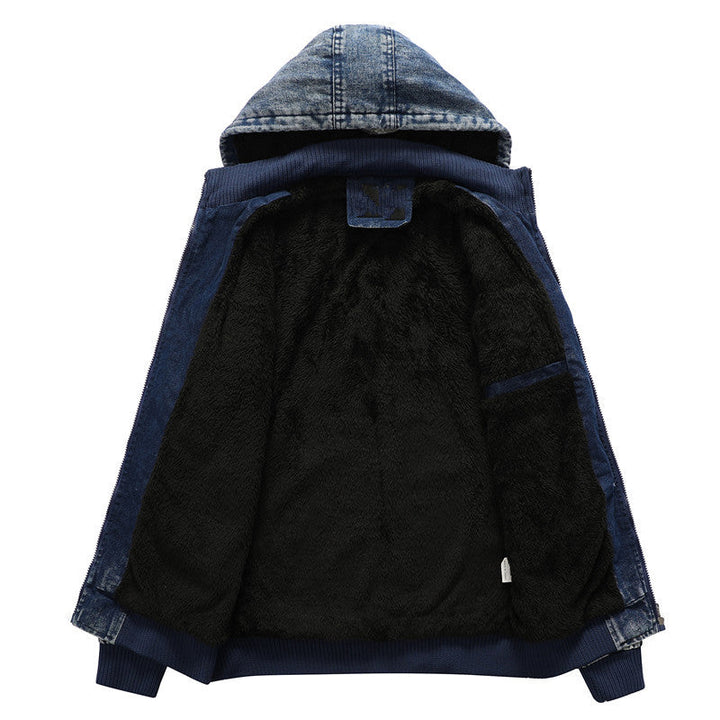 Męska utility denim kurtka z kapturem i termiczny teddy Lwwg