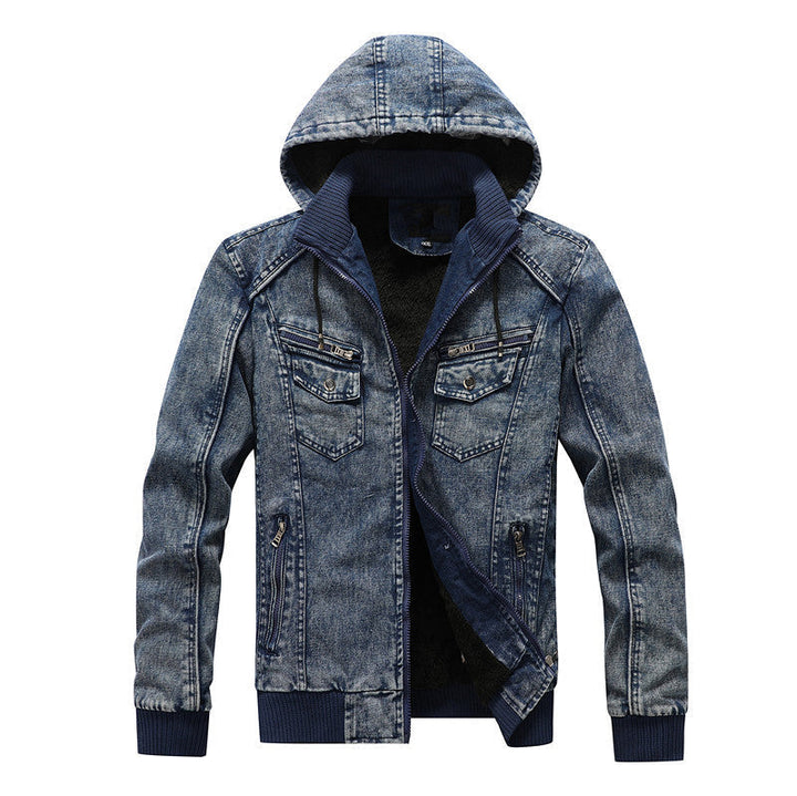 Męska utility denim kurtka z kapturem i termiczny teddy Lwwg