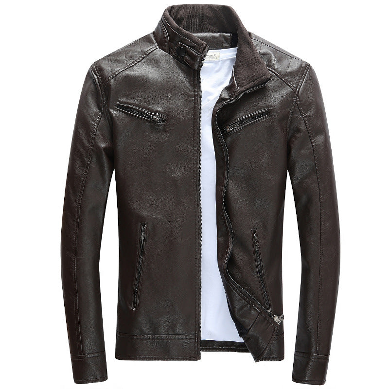 Męska imitacja skóra biker kurtka z stójką, zamkiemed kieszeniami, i slim fit