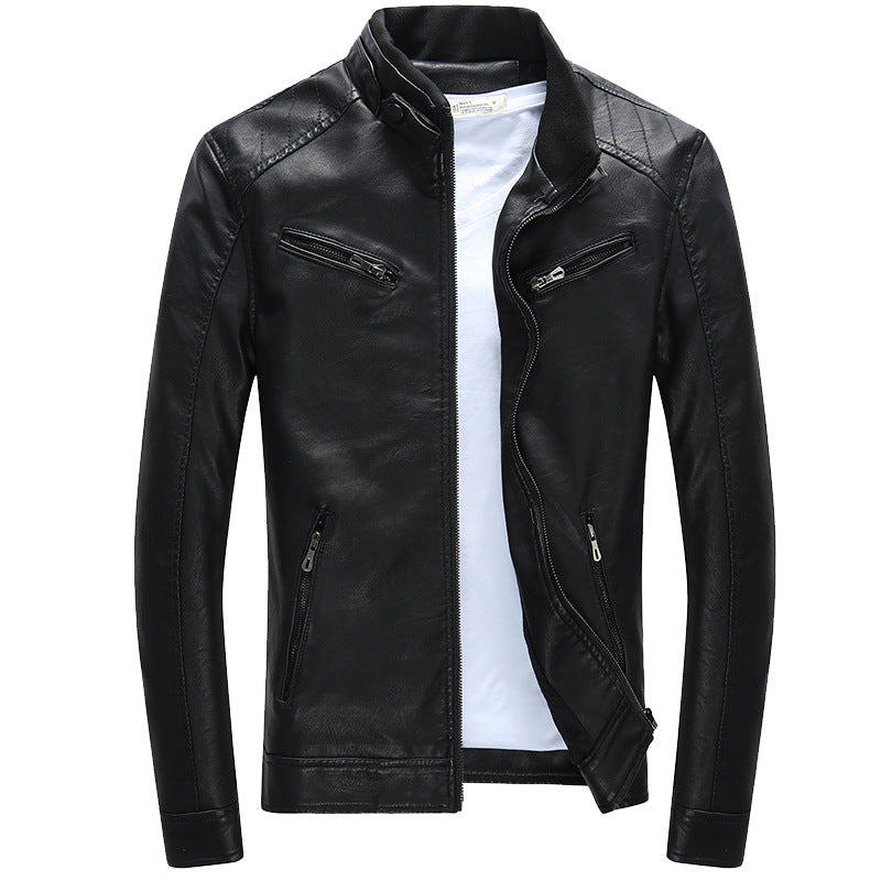 Męska imitacja skóra biker kurtka z stójką, zamkiemed kieszeniami, i slim fit