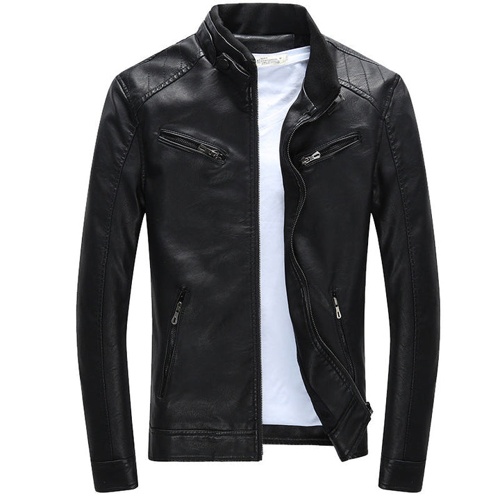 Męska imitacja skóra biker kurtka z stójką, zamkiemed kieszeniami, i slim fit