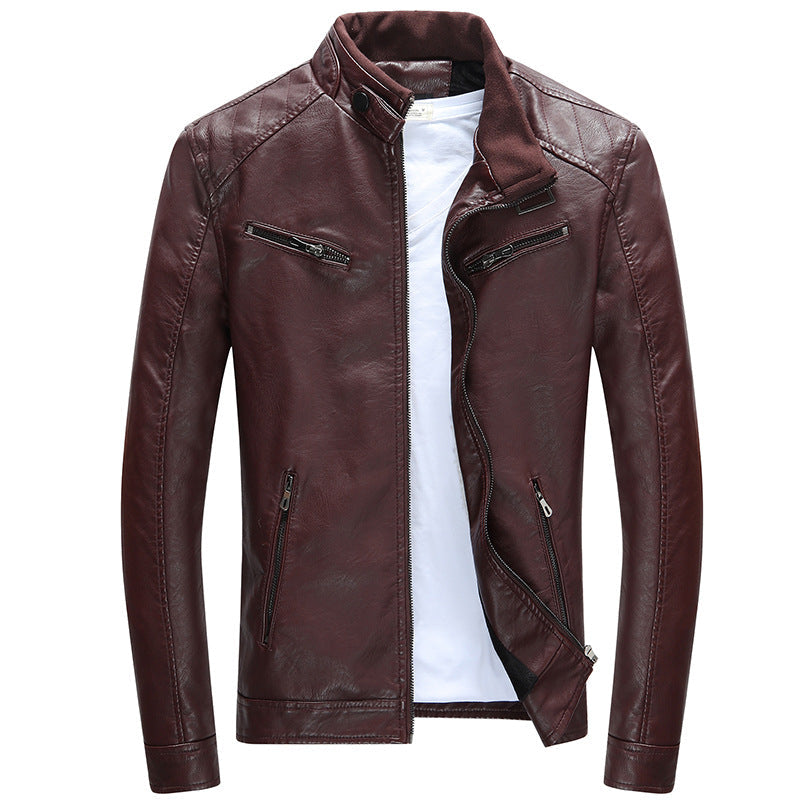 Męska imitacja skóra biker kurtka z stójką, zamkiemed kieszeniami, i slim fit