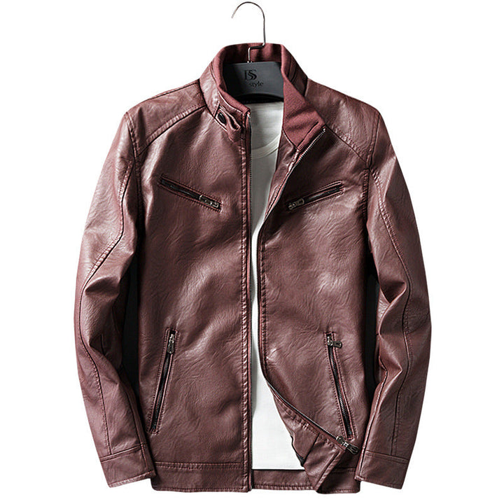 Męska imitacja skóra biker kurtka z stójką, zamkiemed kieszeniami, i slim fit