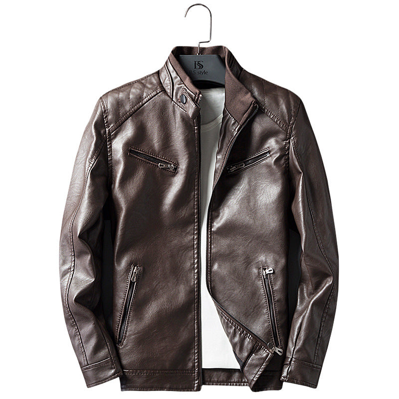 Męska imitacja skóra biker kurtka z stójką, zamkiemed kieszeniami, i slim fit