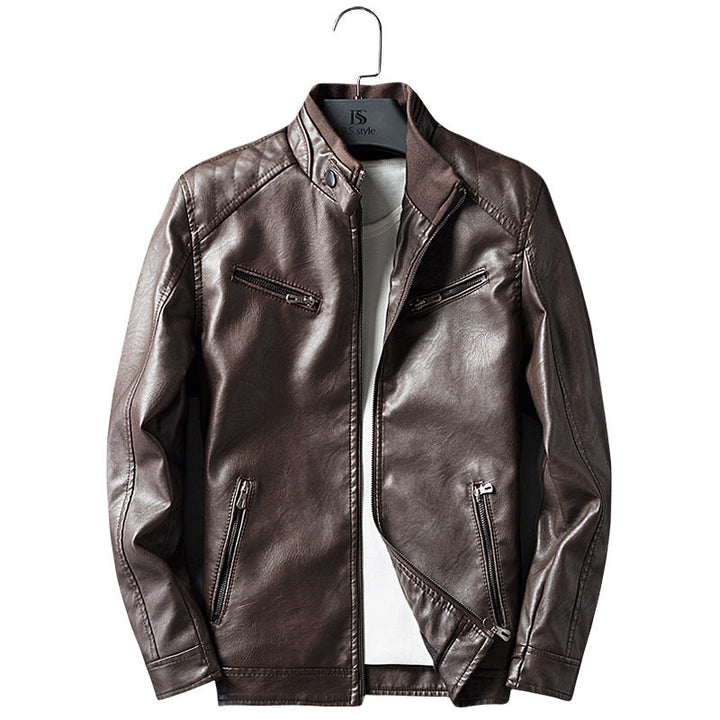 Męska imitacja skóra biker kurtka z stójką, zamkiemed kieszeniami, i slim fit