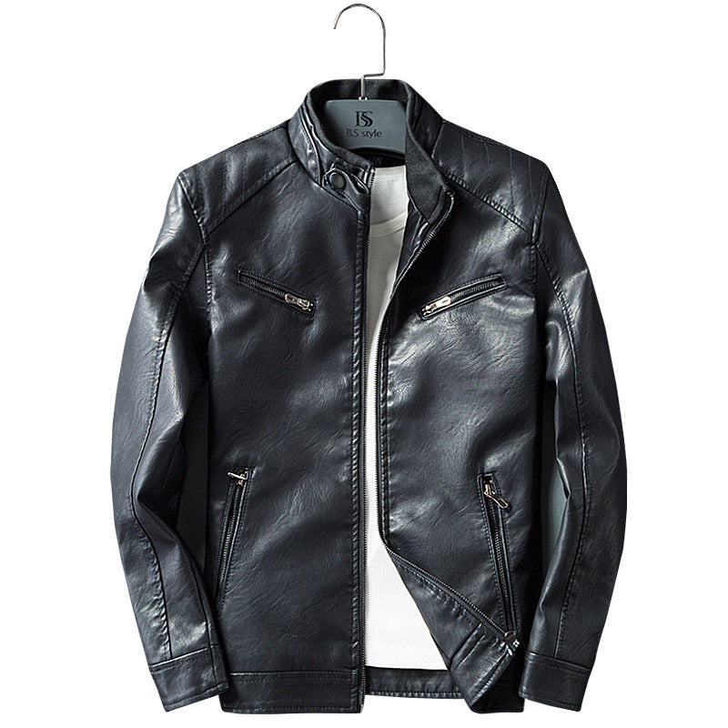 Męska imitacja skóra biker kurtka z stójką, zamkiemed kieszeniami, i slim fit