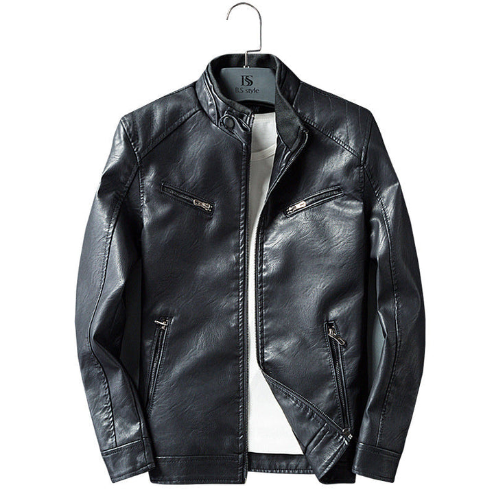 Męska imitacja skóra biker kurtka z stójką, zamkiemed kieszeniami, i slim fit