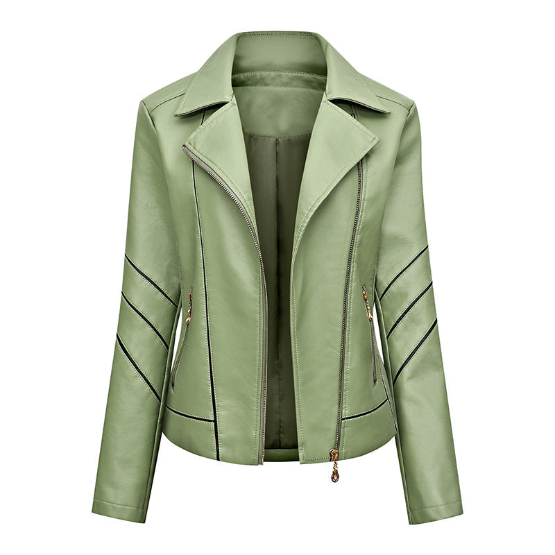 Damska krótka imitacja skóry Biker kurtka z Asymmetrical zamkiem błyskawicznym, Decorative Stitching i Slip kieszeniami Lumaza