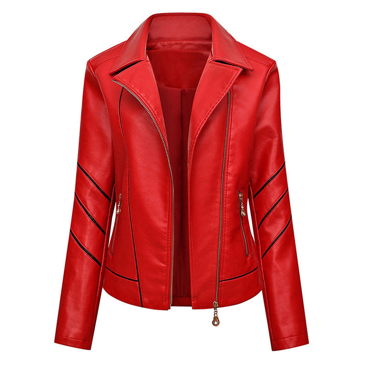 Damska krótka imitacja skóry Biker kurtka z Asymmetrical zamkiem błyskawicznym, Decorative Stitching i Slip kieszeniami Lumaza