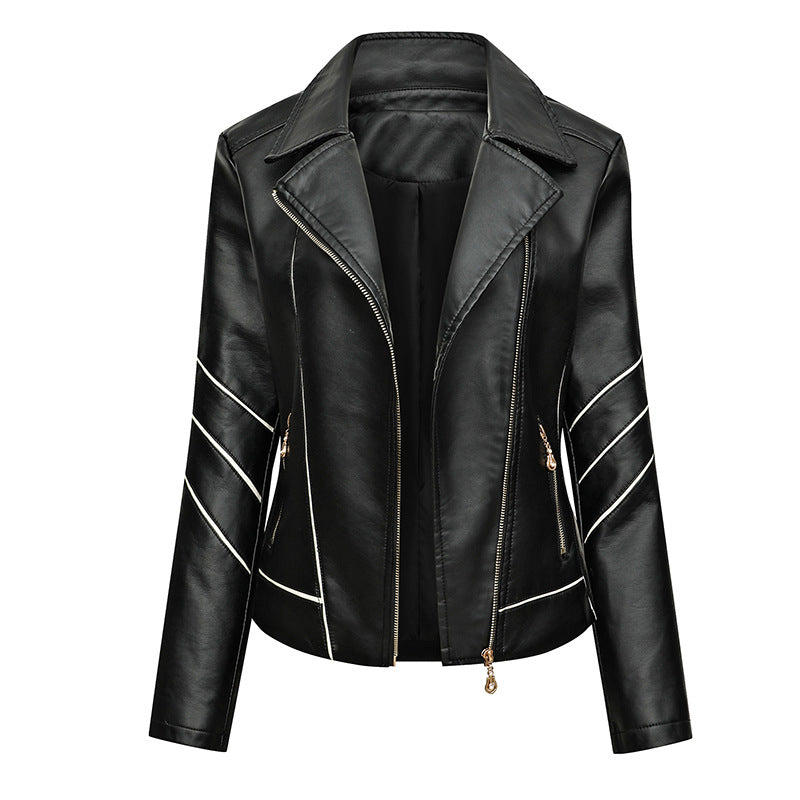 Damska krótka imitacja skóry Biker kurtka z Asymmetrical zamkiem błyskawicznym, Decorative Stitching i Slip kieszeniami Lumaza