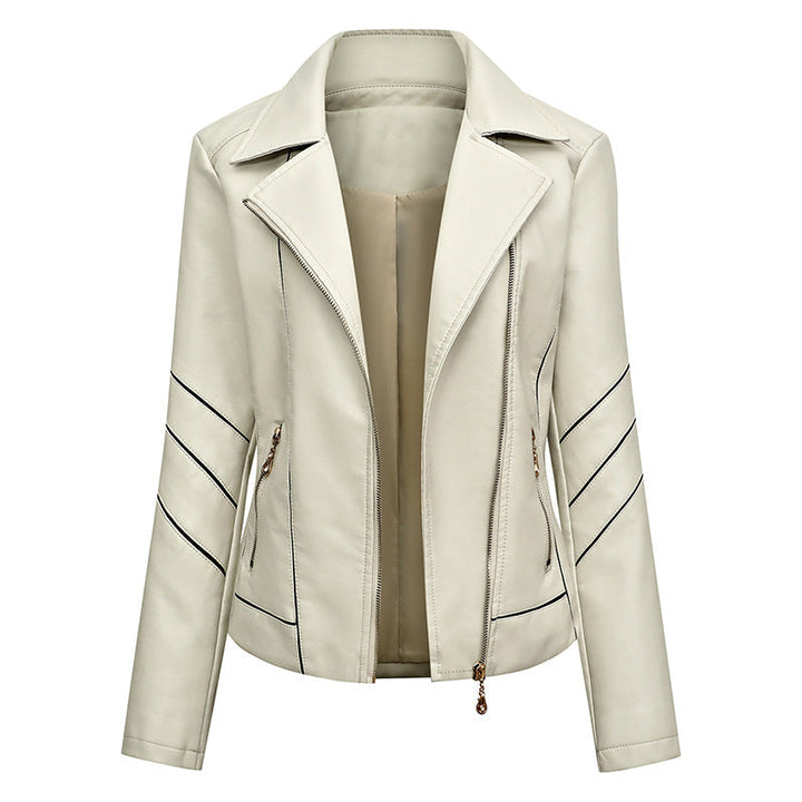 Damska krótka imitacja skóry Biker kurtka z Asymmetrical zamkiem błyskawicznym, Decorative Stitching i Slip kieszeniami Lumaza