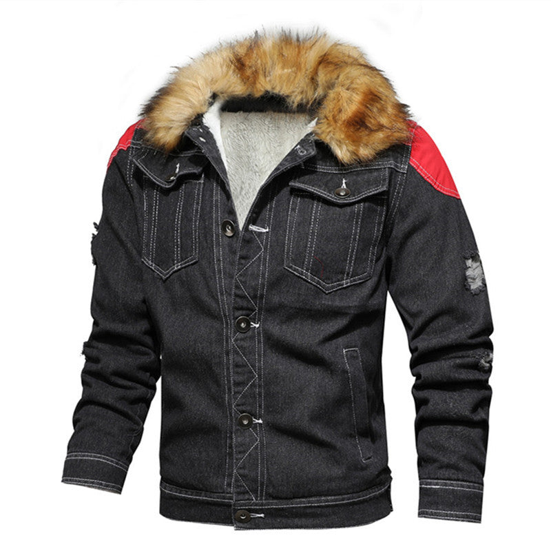 Męska denim Worker kurtka z imitacja Fur kołnierzem, teddy Lwwg i Czerwony Shoulder Patches