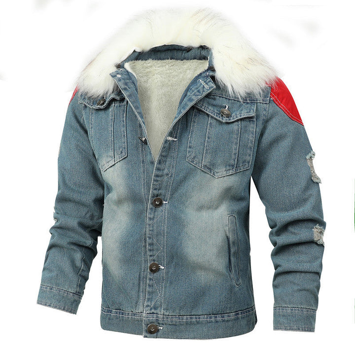 Męska denim Worker kurtka z imitacja Fur kołnierzem, teddy Lwwg i Czerwony Shoulder Patches
