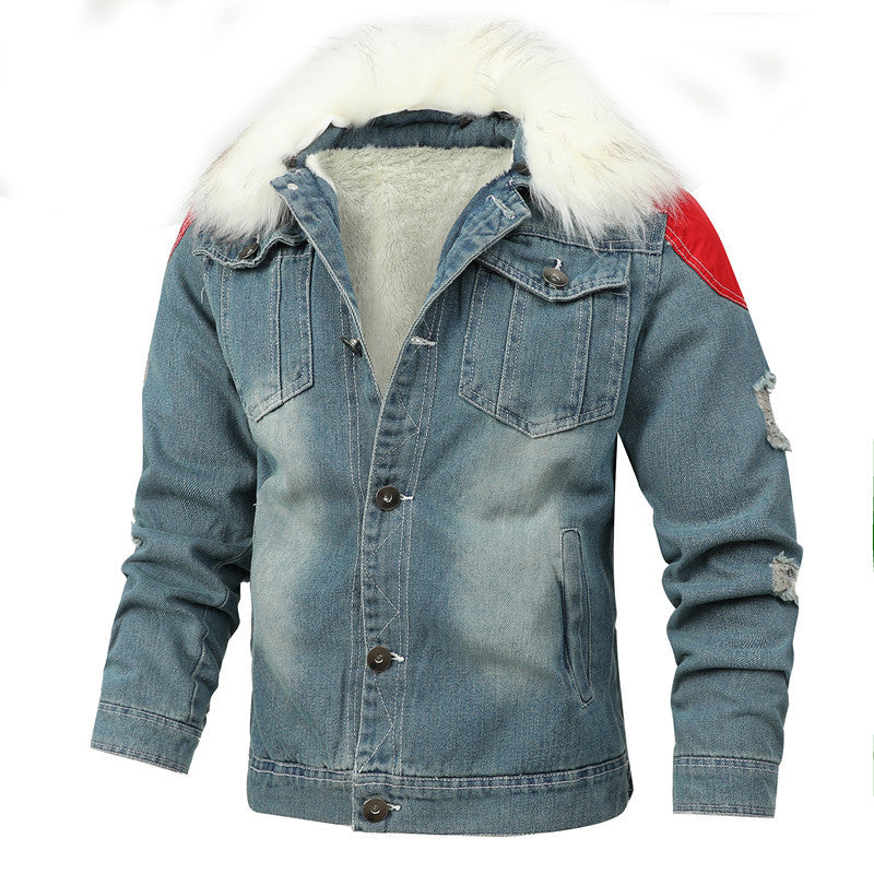 Męska denim Worker kurtka z imitacja Fur kołnierzem, teddy Lwwg i Czerwony Shoulder Patches
