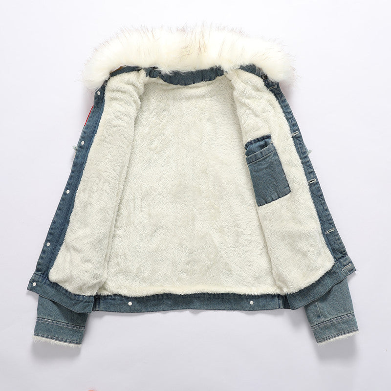 Męska denim Worker kurtka z imitacja Fur kołnierzem, teddy Lwwg i Czerwony Shoulder Patches