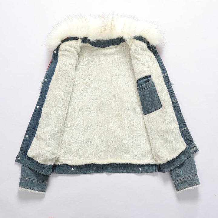 Męska denim Worker kurtka z imitacja Fur kołnierzem, teddy Lwwg i Czerwony Shoulder Patches