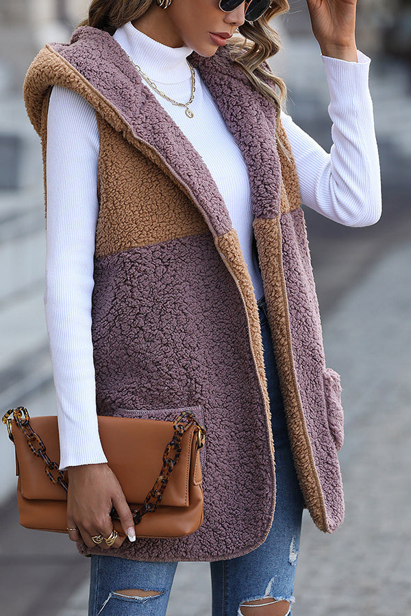 Sleeveless Colorblock kieszeniąless Mid-Length kardigan Puff Velour kurtka