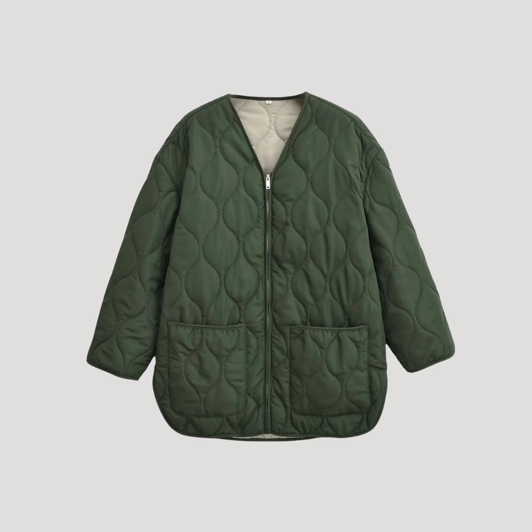 Damska pikowana oversize Zielony fleece zamkiem-up kurtka