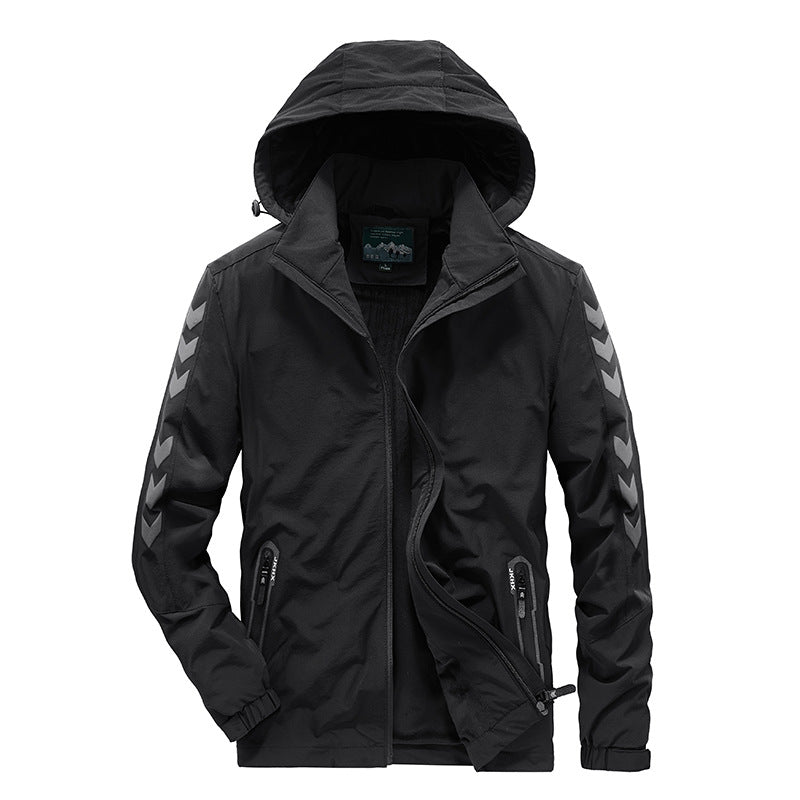 Męska wodoodporny softshell kurtka z kapturem, reflective chevron stripes i zamkiemed kieszeniami