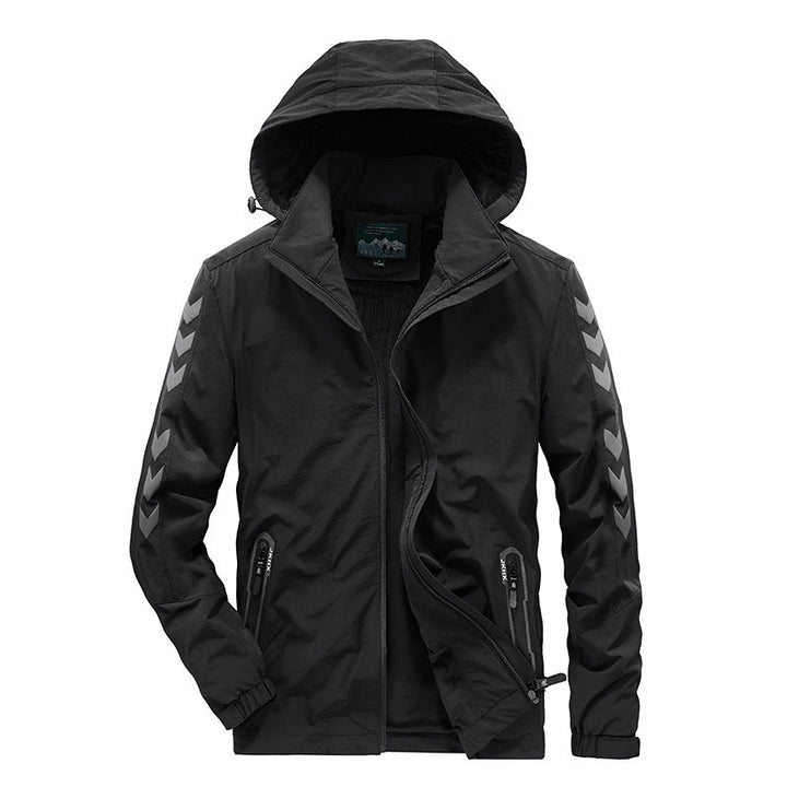 Męska wodoodporny softshell kurtka z kapturem, reflective chevron stripes i zamkiemed kieszeniami