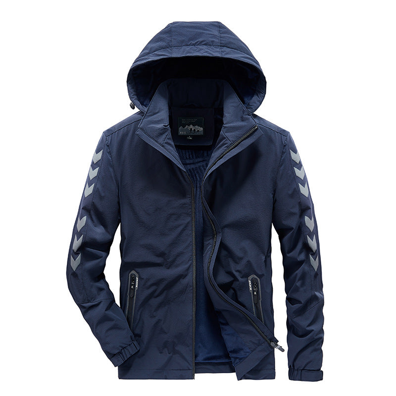 Męska wodoodporny softshell kurtka z kapturem, reflective chevron stripes i zamkiemed kieszeniami