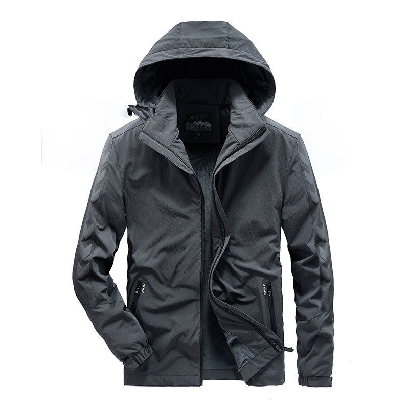 Męska wodoodporny softshell kurtka z kapturem, reflective chevron stripes i zamkiemed kieszeniami