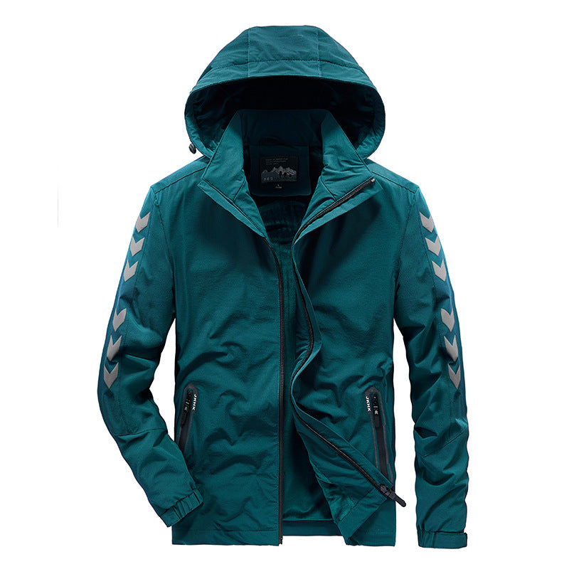 Męska wodoodporny softshell kurtka z kapturem, reflective chevron stripes i zamkiemed kieszeniami