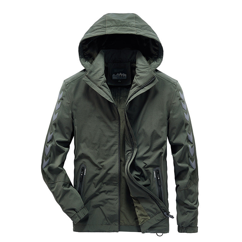 Męska wodoodporny softshell kurtka z kapturem, reflective chevron stripes i zamkiemed kieszeniami