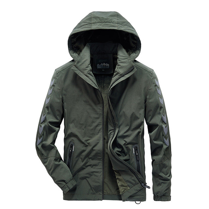 Męska wodoodporny softshell kurtka z kapturem, reflective chevron stripes i zamkiemed kieszeniami